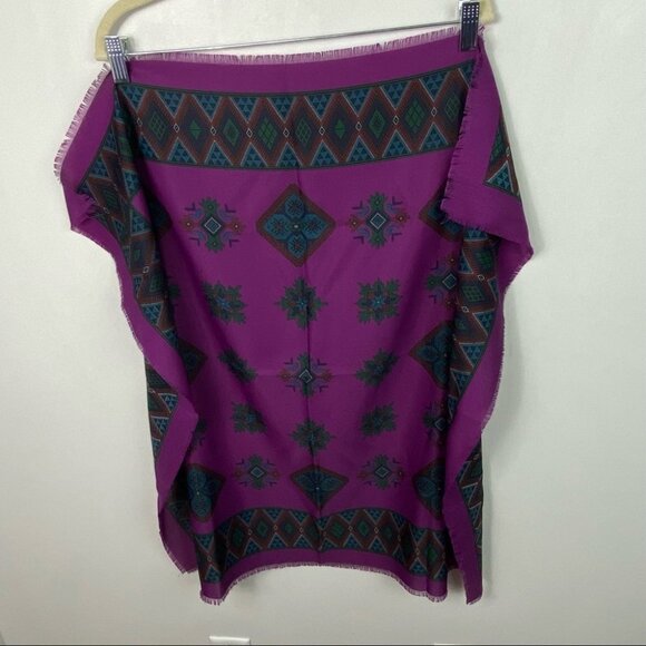 Bohemian Purple Plum Square Blanket Scarf Blue 30.5" by 30.5" Boho Print Fringe - Picture 7 of 9